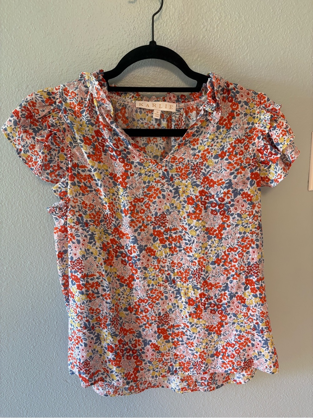 Karlie Red Multi Floral Ruffle V-Neck Blouse